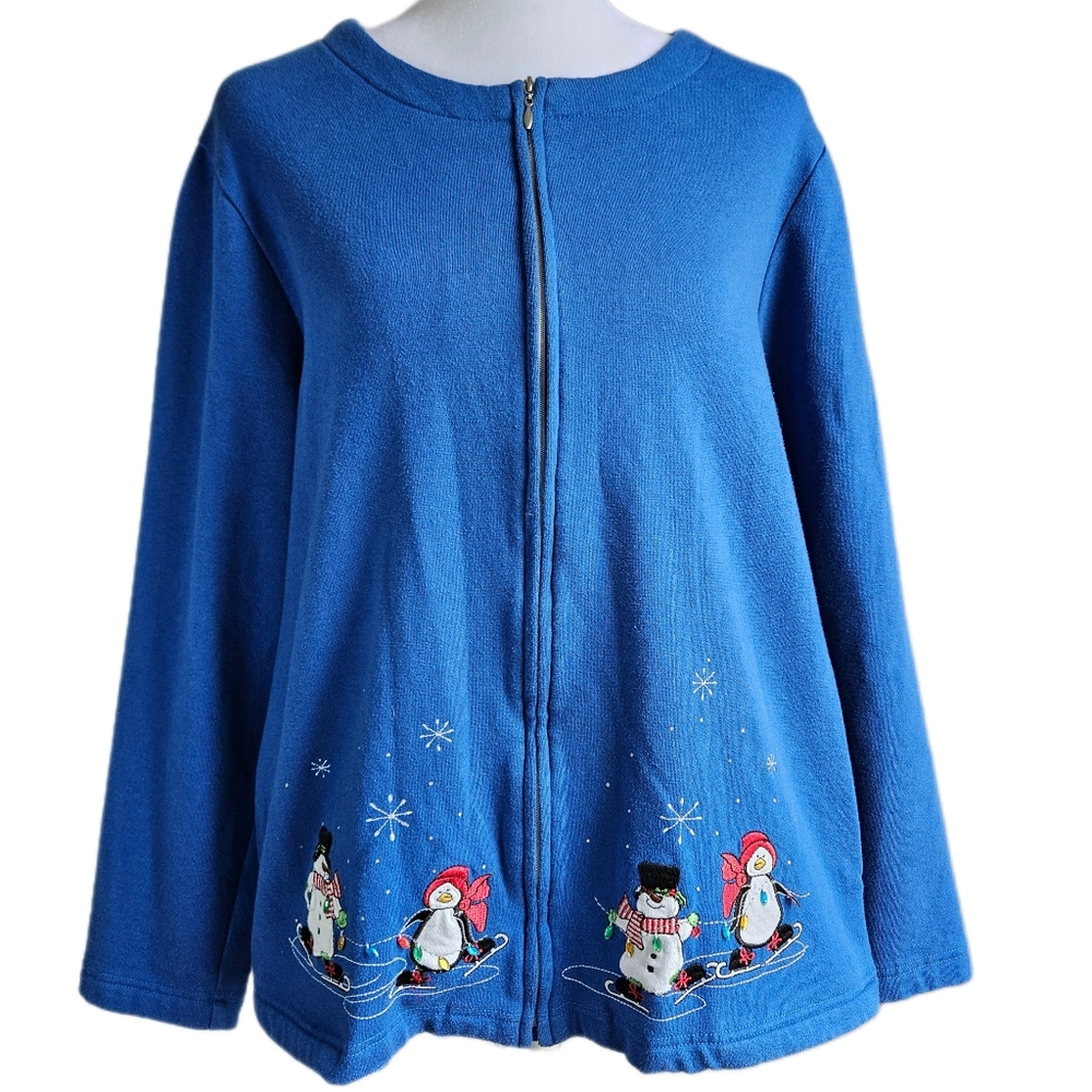 Blair Winter Novelty Sweater Women's Medium Full Zip Christmas Snowmen Penguin